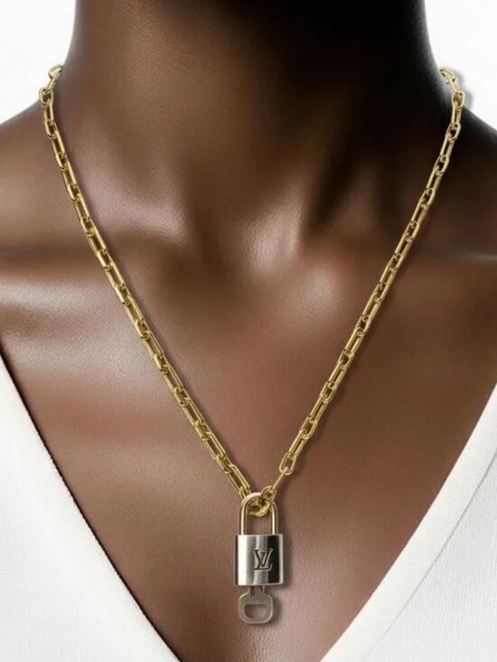 Louis Vuitton Jewelry - Authentic Louis Vuitton Gold Padlock w/Unbranded Stainless Steel Chain Necklace